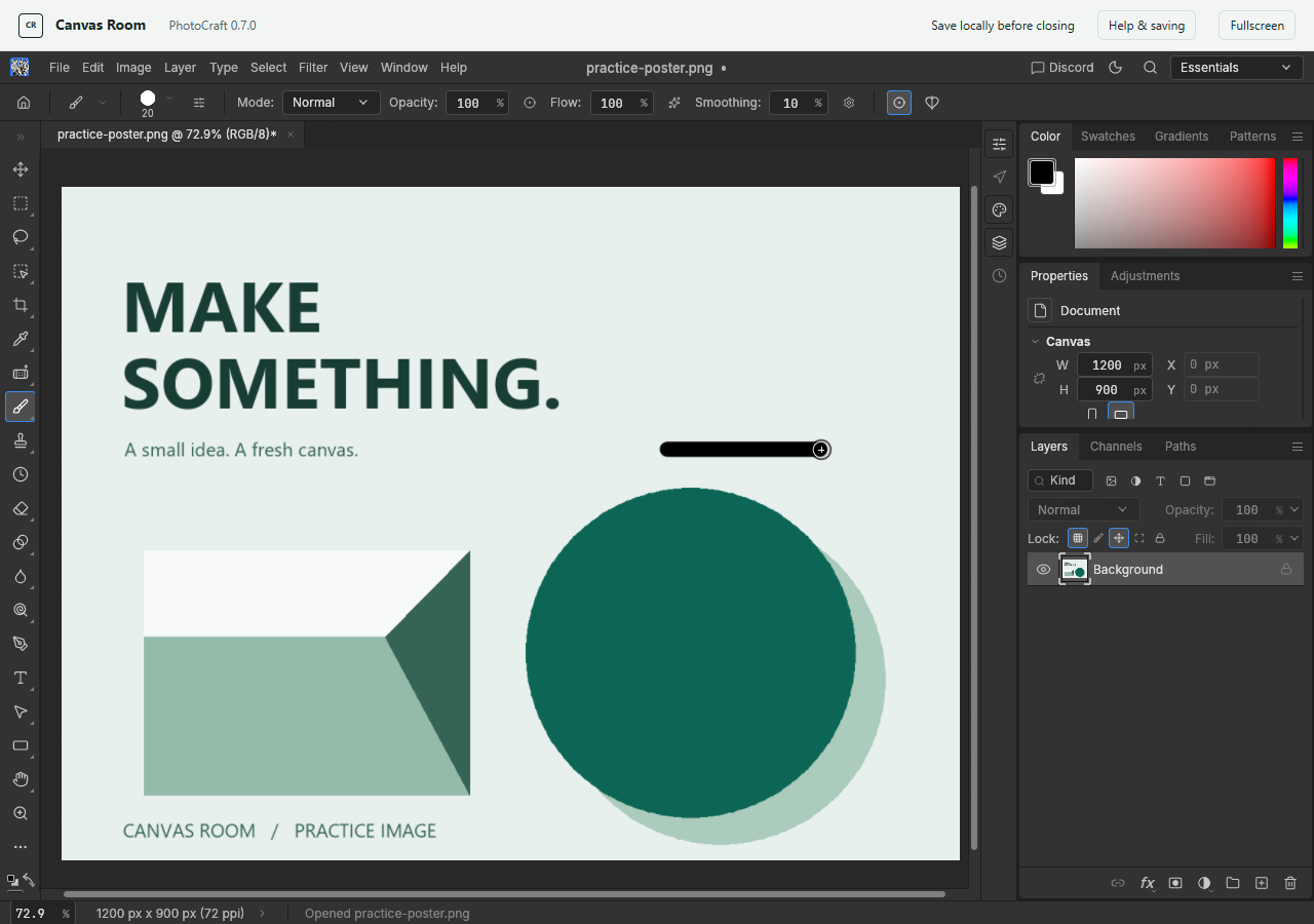 Actual public Chrome editor test showing a black Brush mark on the practice poster